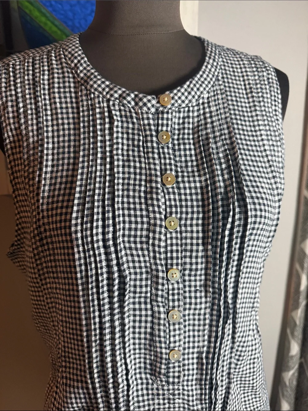 Quince Navy & White Gingham European Linen Sleeveless Swing Dress XL